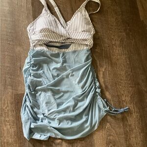 B2PRITY Striped Top with Light Blue Ruched Skirt cut out bathing suit
